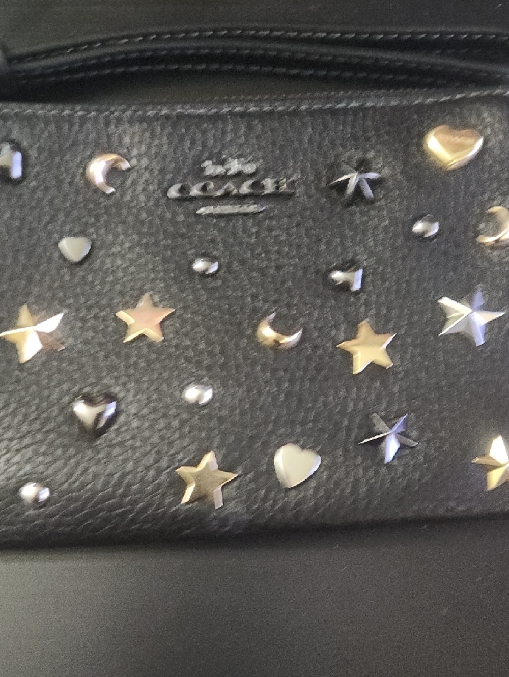 Coach Black Pebbled Leather Wristlet with Mixed Metal Star & Heart Studs - Picture 3 of 6